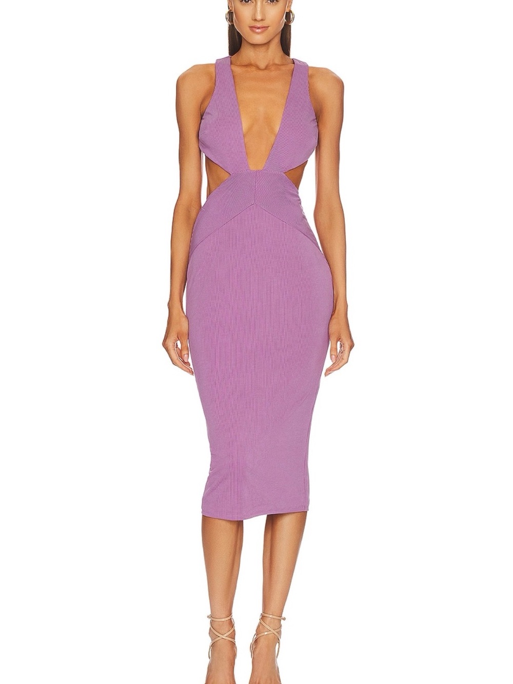 Michael Costello x Revolve Dana Dress in Lavender Backless Ribbed Midi Dress